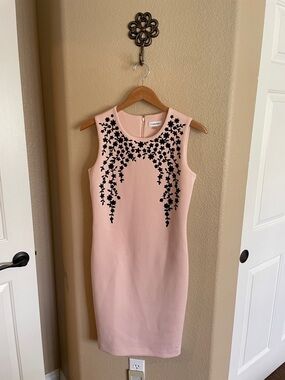 Calvin Klein Blush Pink Midi Sheath Dress with Black Embroidered Floral Appliqué